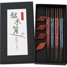1001 4 Çift Doğal Ahşap Yemek Çubuğu Seti 8 Adet Japon Chopstick 4 Yaprak Ahşap Tutacak, Kutulu 22,