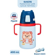 1001 400 ml 316L Paslanmaz Çelik Pipetli Çocuk Termosu Taşıma Kulplu Askılı Çift Duvar -FFR400ML40