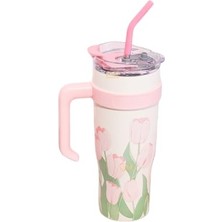 Frefly Store Diller 1200ML Pembe Lale Desenli Tumbler Pipetli/pipetsiz Kulplu Paslanmaz Çelik Termos