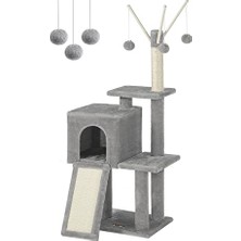 Frefly Store Feandrea PCT143W01 Kedi Ağacı, Tırmalama Tahtalı, 3 Çıkarılabilir Ponpon Çubuğu, 118 Cm, Açık Gri
