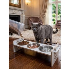 1001 Ahşap Üç Gözlü Ayarlanabilir Kedi-Köpek Mama ve Su Kabı | Ahşap