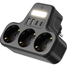 Frefly Store LED Gece Işıklı 3680 W Priz Adaptörü - 3'lü Akım Korumalı Priz + 2 USB ve 2 Type-C Girişli, Kablosuz Duvar Tipi Çoklu Şarj Adaptörü, Kısa Devre Koruma, Kompakt Tasarım