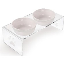 Frefly Store Gobypet Çift Hazneli Pleksi Kedi ve Köpek  Kabı, Yükseltilmiş Seramik  ve Su Kabı, Ergonomik Tasarım, Kolay Temizlenebilir (Beyaz Seramik, Şeffaf Pleksi)