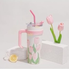 Frefly Store Pembe Lale Desenli Paslanmaz Çelik Termos - 1200ML