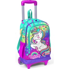 1001 Işıklı Tekerlekli Unicorn Çekçek Okul ve Seyahat Çantası Kız Çocuk Yeşil Mor