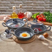 1001 Asya 3'lü Cam Kapaklı Granit Döküm Sahan Seti Gri ZK901