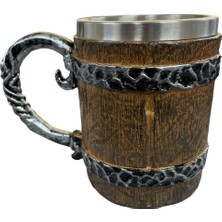 1001 Paslanmaz Çelik Fıçı Tasarımlı Kupa Bardak, 11 cm Yükseklik, Ahşap Görünümlü, Metal Kulp