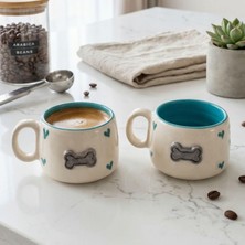 1001 2'li El Yapımı Seramik Kupa Seti, Kedi Desenli Kalp Motifli Stoneware Mug, 200 Ml, Kırmızı Iç