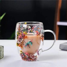 1001 350 ml Isıya Dayanıklı Borosilikat Çift Çidarlı Flower Cup Bardak Çiçekli Kahve Sunum Barda�