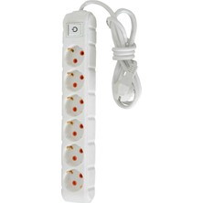 1001 6lı 2 Metre Kablolu Anahtarlı Grup Priz 16A 250V, Altılı Topraklı Uzatma Kablosu Beyaz Renk