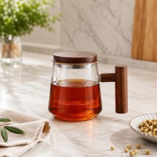 1001 Cam Kulplu Bardak, Ahşap Görünümlü Kulp ve Kapaklı Şeffaf Cam Kupa, Çay Bitki Çayı Kahve V
