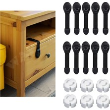 1001 10 Çekmece Dolap Kilidi, 6 Priz Koruyucu Çocuk Bebek Güvenlik Emniyet Seti (Siyah Set)