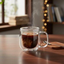 1001 Çift Cidarlı (Double Wall) Kulplu Cam Kupa - 250 ml Isıya Dayanıklı Borosilikat Çay ve Kahve K