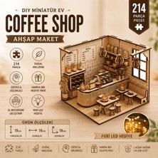 1001 Algwooddesign Coffee Shop Ahşap Maket, 214 Parça Dıy Minyatür Kafe Modeli, LED Işıklı Mdf 3D P