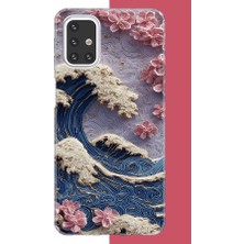 Aksesuarist Samsung Galaxy M31S Uyumlu Mavi Dalga ve Pembe Çiçekler Baskılı Silikon Kılıf