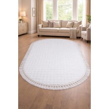 Modernsoft Pofina Krem Oval Saçaklı Makinede Yıkanabilir Kaymaz Tabanlı Modern Salon Halısı