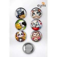 Eymi Design Sevimli Bebek Hayvanlar Kedi Köpek Panda Çanta Süsü Rozet Iğneli Buton Rozet Seti 58 mm (6'lı)