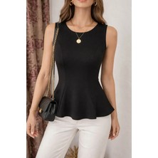 Meride Fashion Kadın Kolsuz Peplum Bluz Fit Kalıp Şık Üst L