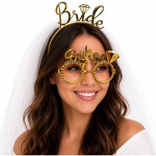 Meks Bride Yazılı Gold Taç ve Parti Gözlüğü Seti