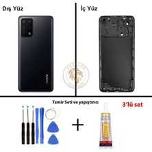 Arsking Oppo A74 Siyah Uyumlu Lensli Arka Kapak + Yapıştırıcı ve Vida Seti Arka Cam Batarya Pil Kapağı