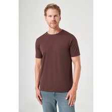 İmza Kahverengi Bisiklet Yaka Kısa Kol Örme Slim Fit Esnek Basic Tişört 1011260184