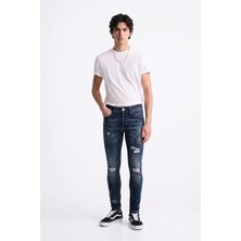 Blue White Erkek Skinny Ripped Patch Detaylı Jean Koyu Mavi