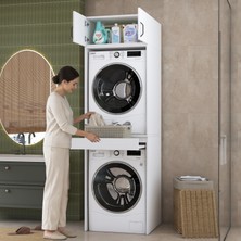 Rani Mobilya Rani KD147 Çamaşır ve Kurutma Makinesi Dolabı Çekmeceli Raflı Banyo Dolabı Beyaz