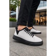 Mevese Ont Bağcıklı Keten Dokulu Hafif Taban Erkek Günlük Casual Sneaker Ayakkabı - Beyaz
