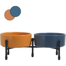 Frefly Store Mavi-Sarı Metal Ayaklı Seramik Mama ve Su Kapları, Çift Taraflı
