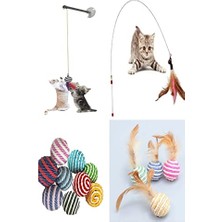 Frefly Store Tineke 4'lü Set: Ip Sarma Top, Vantuzlu Kedi Oltası, Tüylü Top ve 90 cm Olta