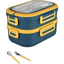 Kazan Hobi 1650 ml Iki Kat Üç Bölme Paslanmaz Çelik Lunch Box Yeni Nesil Sefer Tası - Kaşık ve Çatallı -6715