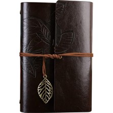 Frefly Store Retro Vintage Yaprak Baskılı Kolye Uçlu Deri Kapaklı Günlük Not Defteri Özel Tasarım Hediyelik Siyah
