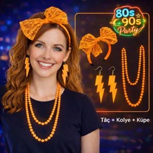 Hace Bazaar 80’ler 90’lar Neon Turuncu Parti Seti – Kolye Küpe Taç (4887)