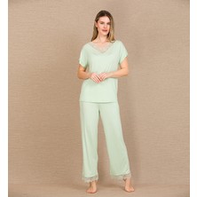 Hace Bazaar Marsilyan™-  Viskon Şık Tasarım Dantel Işlemeli Açık Yeşil Kısa Kol Pijama Takımı
