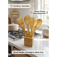 Segy Home Doğal Bambu 4'lü Mutfak Servis Seti ve Standı - Isıya Dayanıklı Ahşap Kaşık Spatula Seti