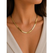 Bymiel Kadın Gold Renk Geniş Balıksırtı (Herringbone) 316L Paslanmaz Çelik Zincir Kolye 8 mm