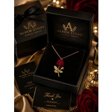 Alsem Store 14 Ayar Gold Kaplama Kırmızı Kadife Desenli Gül Kolyesi , Ithal Kolye , Eşe Hediye