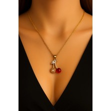 Bymiel Işıltılı Yaprak Taşlı Kırmızı Kiraz Charm Kolye