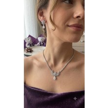 Bymiel Gümüş Rengi Zirkon Taşlı Damla Model Kolye Küpe Takı Seti