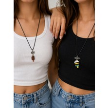 Bymiel Best Friends Dondurma Figürlü Ikili Arkadaş Kolyesi Siyah Ip Ayarlanabilir Unisex Kolye Seti
