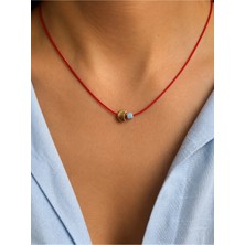 Femenino Kırmızı Ip Ay Figürlü Mavi Boncuklu Kaydırmalı Kilit Örgü Choker Kolye