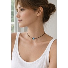 Femenino Açık Mavi Cam Nazar Boncuklu Ayarlanabilir Siyah Ip Choker