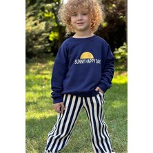 Morbella Erkek Çocuk Mavi Güneş Baskılı Sweatshirt ve Çizgili Pantolon Ikili Takım