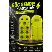 Ecuy 7'li Grup Priz 1.5 Metre Çift Anahtarlı Topraklı Fıstık Yeşili Uzatma Kablosu 16A 3680W Ev Ofis Tipi