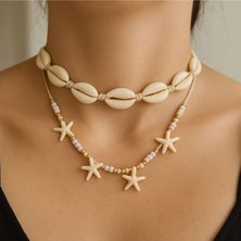 Femenino 2’li Deniz Kabuklu Gold Detaylı Kum Boncuk Boho Kolye Seti
