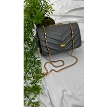 Generic Gri V Dikiş Detaylı Gold Zincirli Omuz Çantası