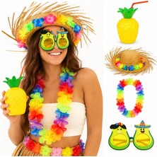 Hace Bazaar 4 Parça Hawaii Parti Seti Ananas Bardak Hasır Şapka Avokado Gözlük Çiçek Kolye