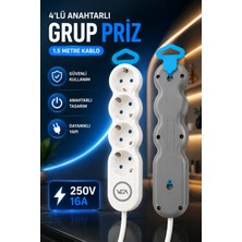 Ecuy 4'lü Grup Priz 1.5 Metre Kablolu Anahtarlı Topraklı Uzatma Kablosu 16A 3680W Beyaz Gri Ev Ofis