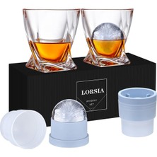 Viski Kayaları Bardağı, 4'lü Set (2 Kristal Bourbon Bardağı, 2 Yuvarlak Büyük Buz Topu Kalı