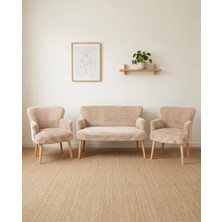 Roma Çay Seti Balkon Koltuk Takımı Welsoft Yumuşak Kumaş Naturel Ayaklı 2+1+1 Takım - Cappucc